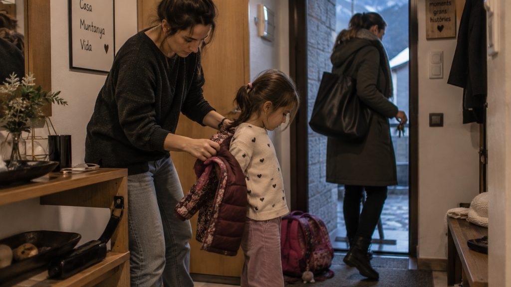 Canguro ayudando a una niña a quitarse el anorak mientras la madre sale de casa en La Massana