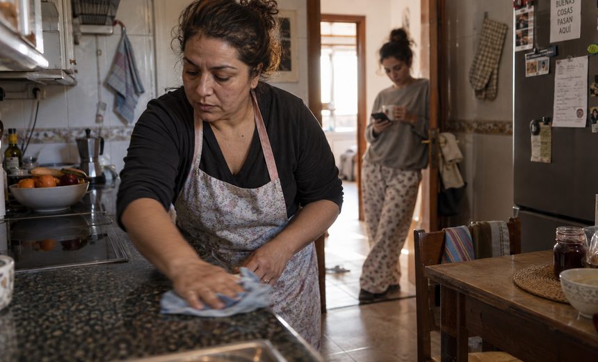 Empleada de hogar limpiando la encimera de la cocina mientras la clienta desayuna al fondo