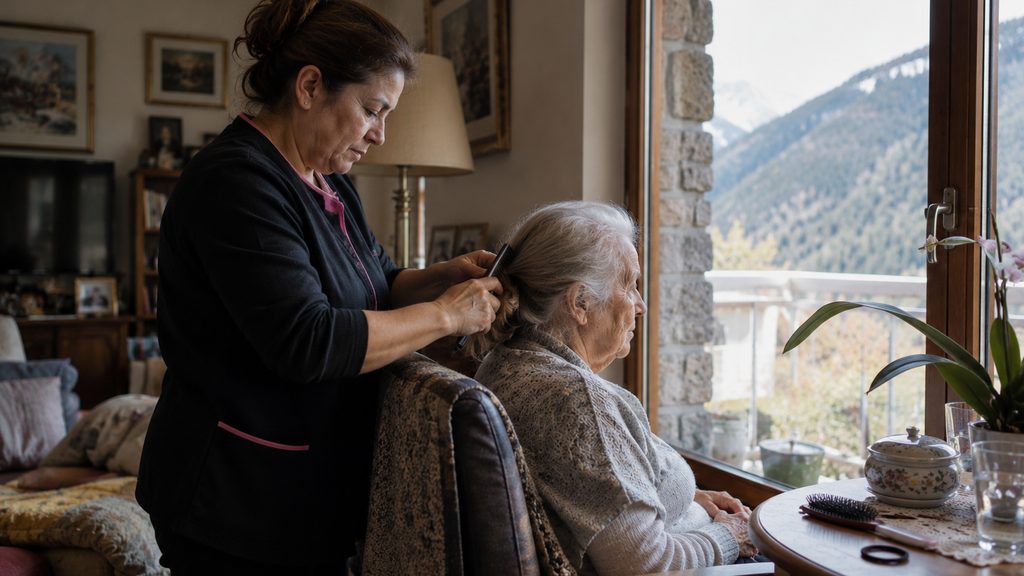 Cuidadora peinando a una señora mayor junto a la ventana en una casa de Andorra