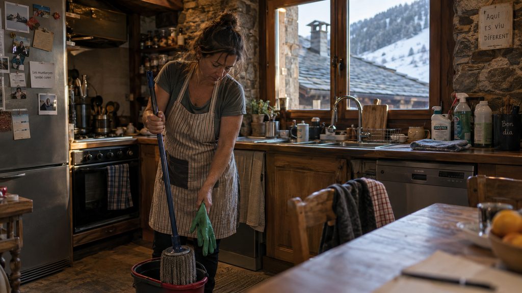 Empleada de hogar revisando su contrato de trabajo sentada a la mesa de una cocina en Andorra