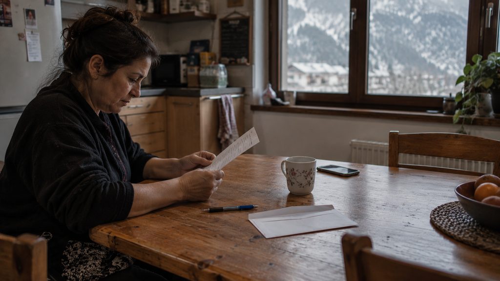 Mujer leyendo la carta de preaviso de su despido en la cocina de una casa de Andorra