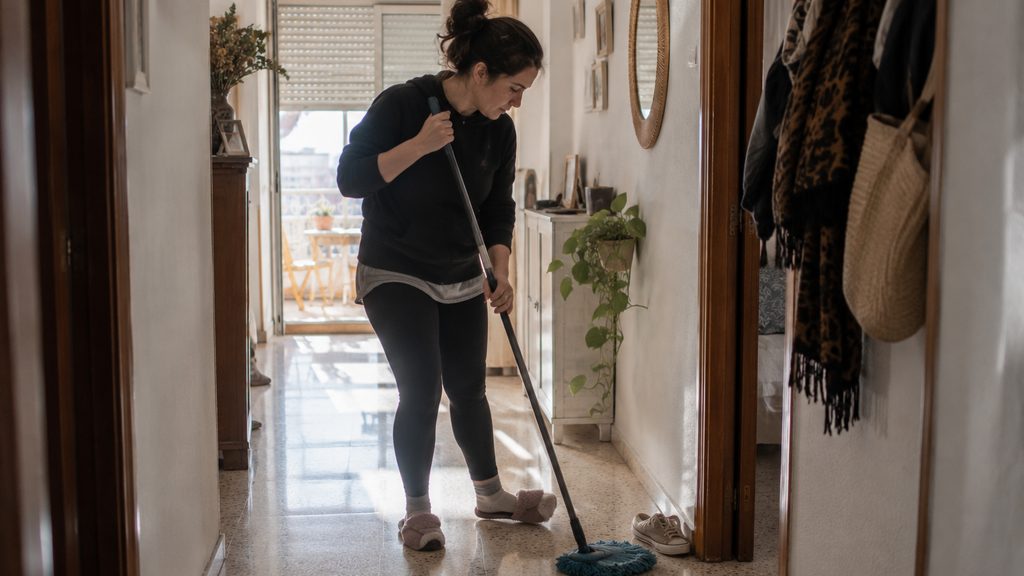 Empleada de hogar trabajando en el pasillo en una vivienda de Alicante