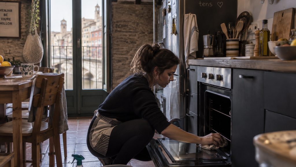 Empleada de hogar trabajando en la cocina en una vivienda de Girona