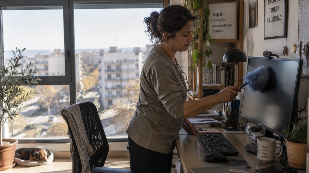 Empleada de hogar trabajando en el despacho de casa en una vivienda de Guadalajara