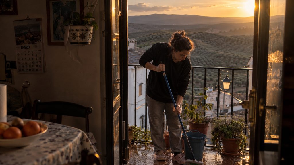 Empleada de hogar trabajando en el balcón en una vivienda de Jaén