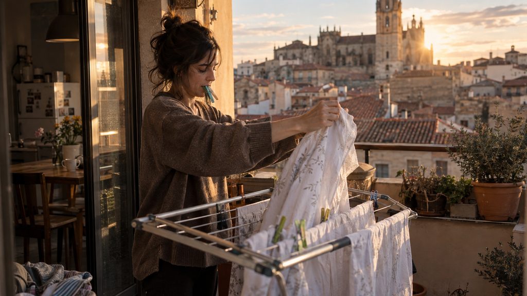 Empleada de hogar trabajando en la terraza en una vivienda de Salamanca