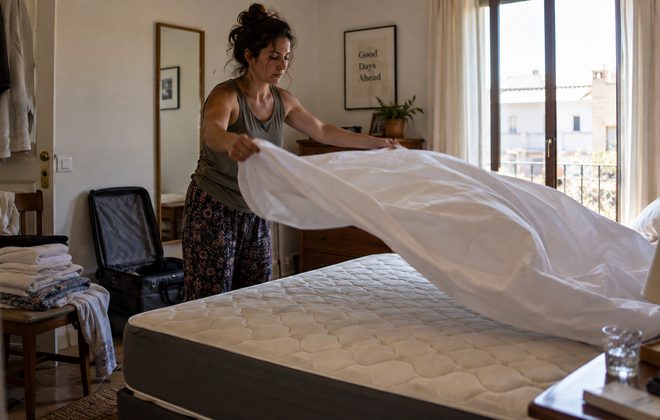 Limpieza de un apartamento tur&iacute;stico cambiando la ropa de cama entre hu&eacute;spedes