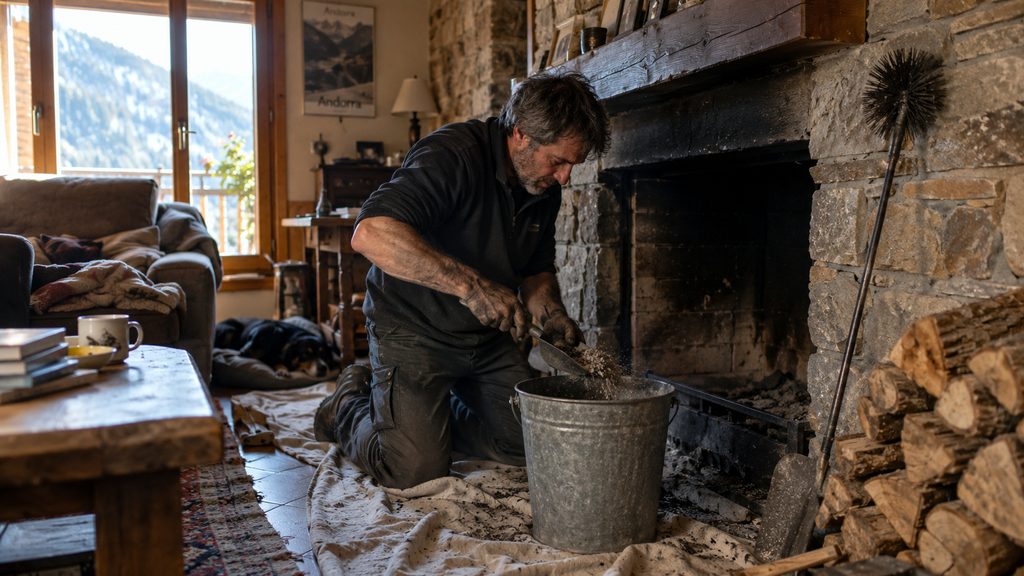 Hombre retirando la ceniza del hogar de una chimenea de leña en una casa de piedra de Andorra