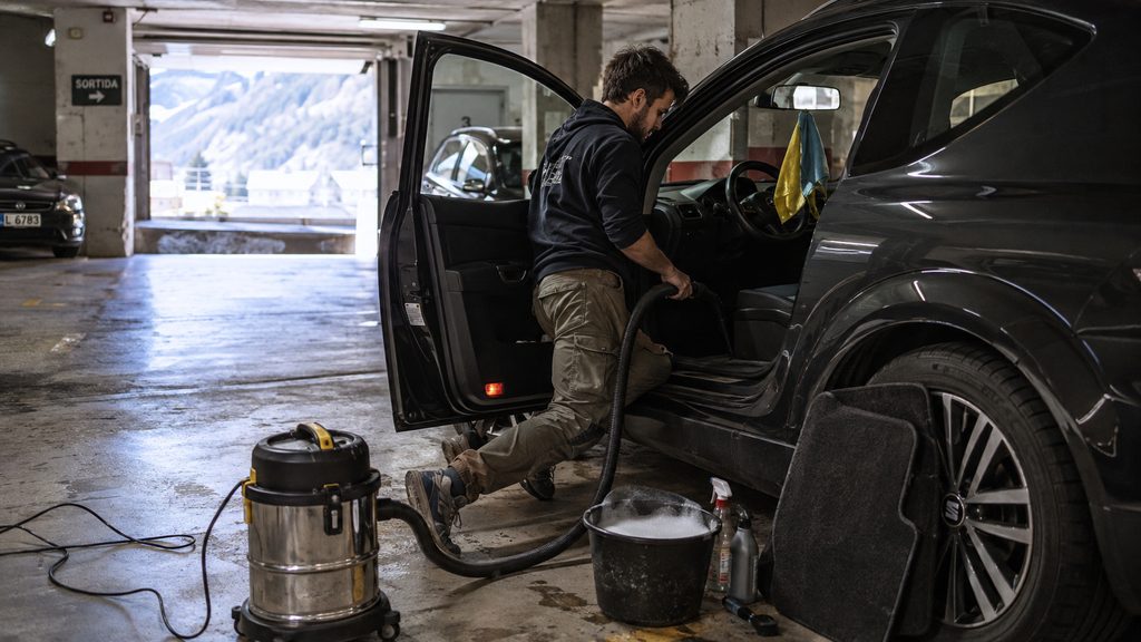 Hombre aspirando el interior de un coche en un garaje comunitario de Andorra