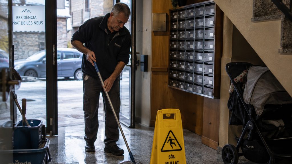 Operario fregando el portal de una comunidad de vecinos en Andorra con el cono de suelo mojado