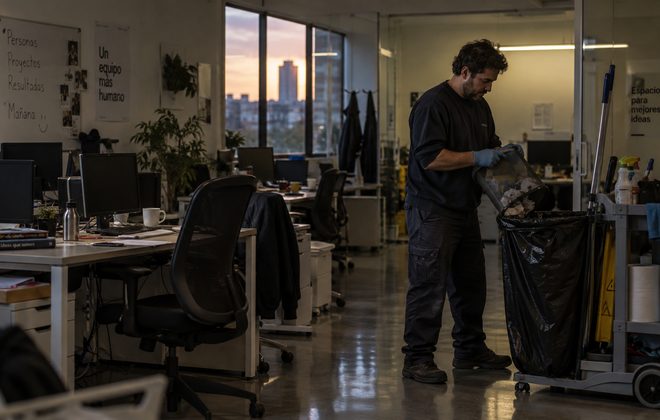 Limpieza de una oficina al final de la jornada vaciando las papeleras con el carro de limpieza