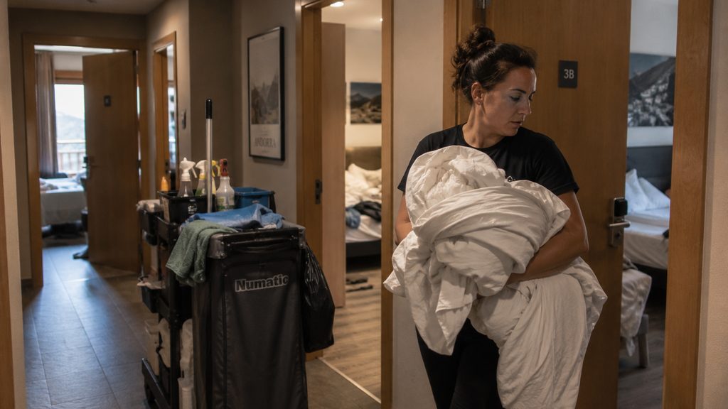 Limpiadora sacando las sábanas sucias de un apartamento vacacional en un pasillo de Andorra