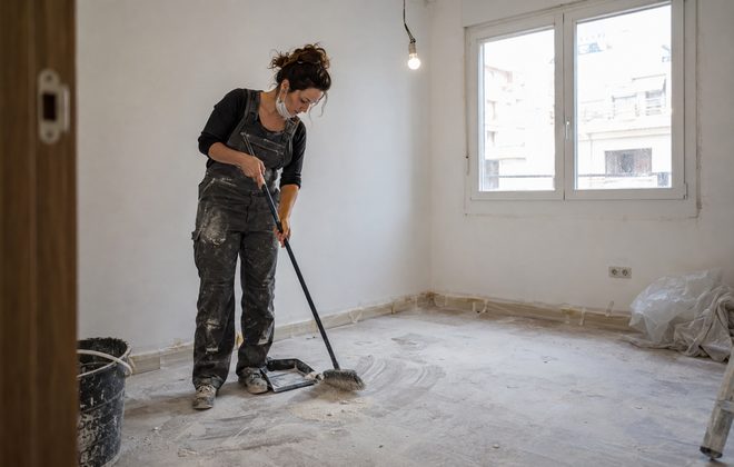 Limpieza fin de obra barriendo el polvo de yeso de una habitaci&oacute;n reci&eacute;n reformada