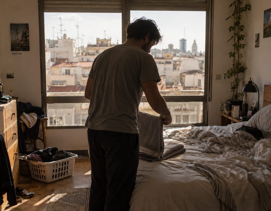 Limpieza por horas en el dormitorio de un piso alto de una ciudad espa&ntilde;ola