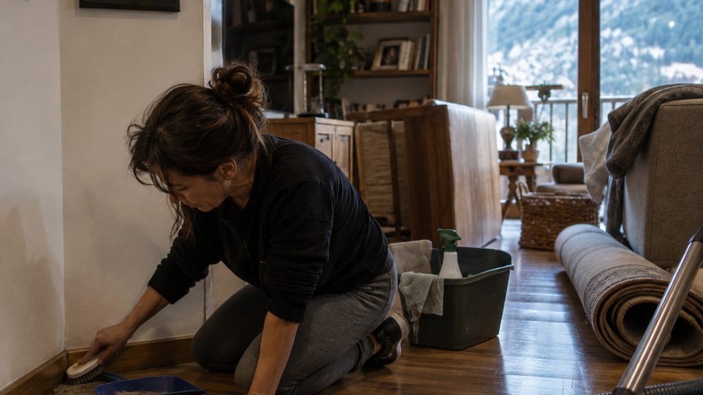 Mujer limpiando con cepillo el rodapié y la esquina que tapa el sofá en una limpieza profunda en Andorra