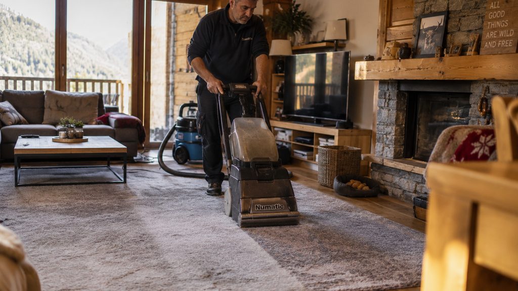 Operario pasando la máquina de inyección-extracción por una alfombra en un salón de Andorra