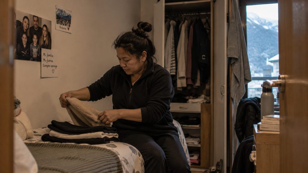 Habitación de una empleada interna en una casa de Andorra con su maleta encima del armario