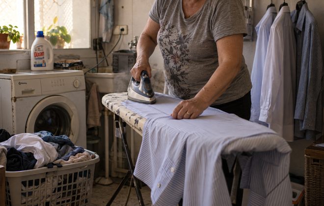 Servicio de plancha a domicilio planchando una camisa en el lavadero de una casa