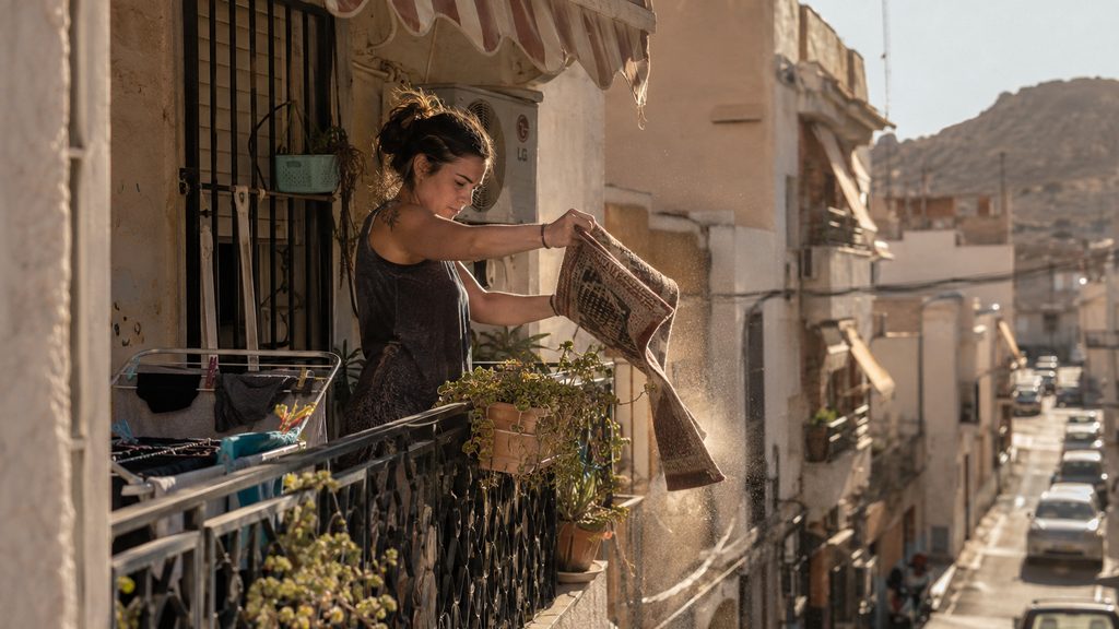 Trabajadora de limpieza en una terraza durante su jornada en Almería
