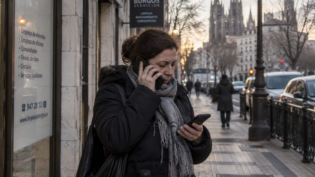 Trabajadora de limpieza en una acera durante su jornada en Burgos