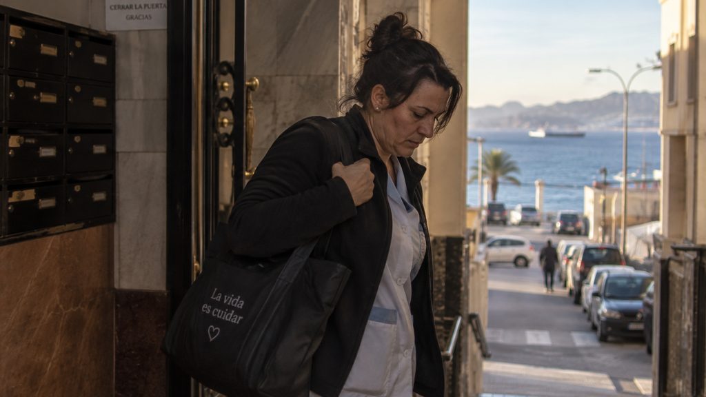 Trabajadora de limpieza en un portal durante su jornada en Ceuta