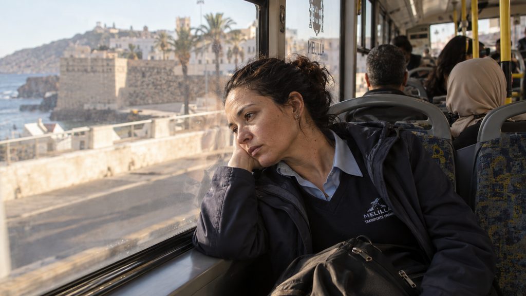 Trabajadora de limpieza en el interior de un autobús urbano durante su jornada en Melilla